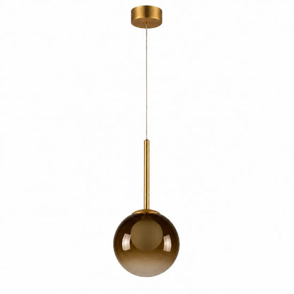 Amber glass globe pendant with brass stem and ceiling plate, unlit, on a plain white background 7