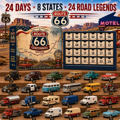 Route-themed box with numbered cream drawers above 24 numbered miniature road vehicles on wooden shelves 7