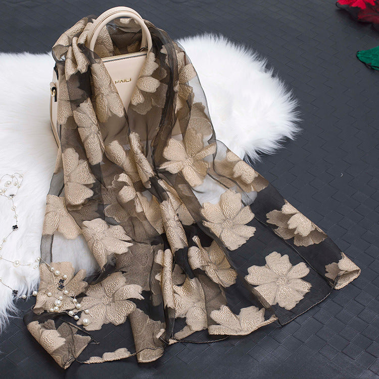 Autumnal ladies' silk scarf with floral pattern and cut-out design – Fiora (Buy one, get one free)