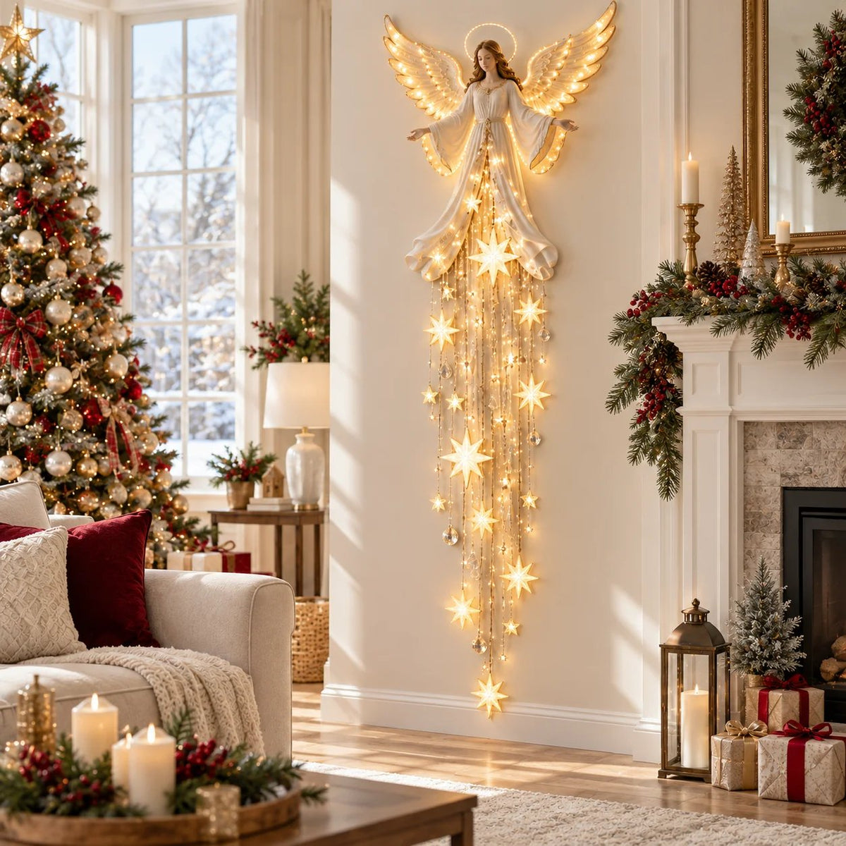 Angel wall light with halo and starfall glowing on a living room wall between a decorated Christmas tree and a mantelpiece. 3