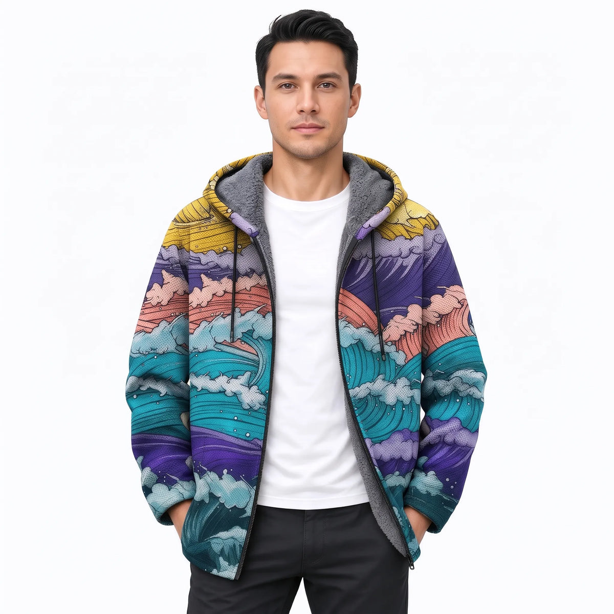 Model wearing the open jacket in an ocean-wave print of teal, purple, coral and yellow 15
