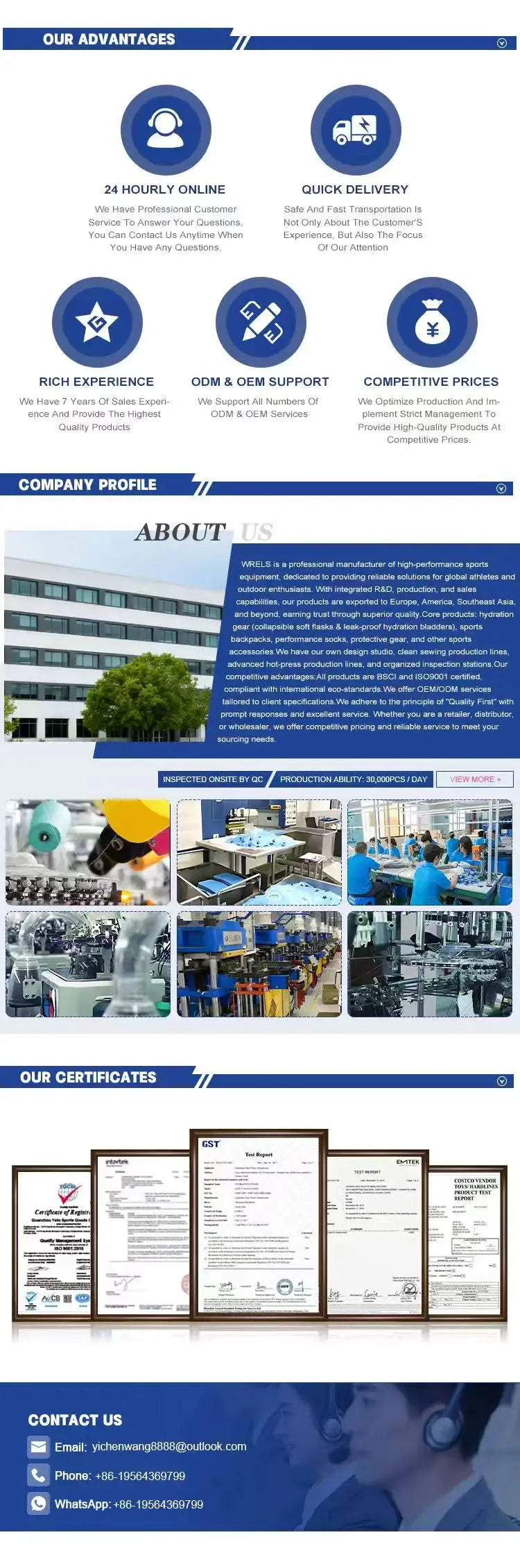 Supplier information graphic showing factory photos, certificates and company details, with no product visible 15