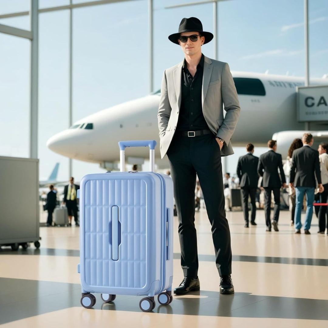 Airport-approved 55 cm hand luggage with a 30:70 split and a three-part polycarbonate hard shell.