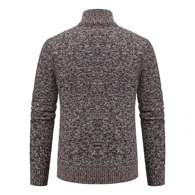 Back view of the brown marl knitted cardigan, showing the mottled texture and ribbed stand collar 15