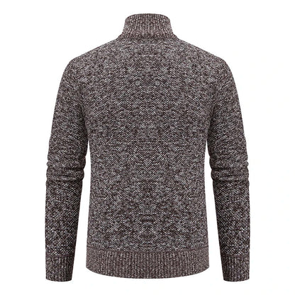 Back view of the brown marl knitted cardigan, showing the mottled texture and ribbed stand collar 15