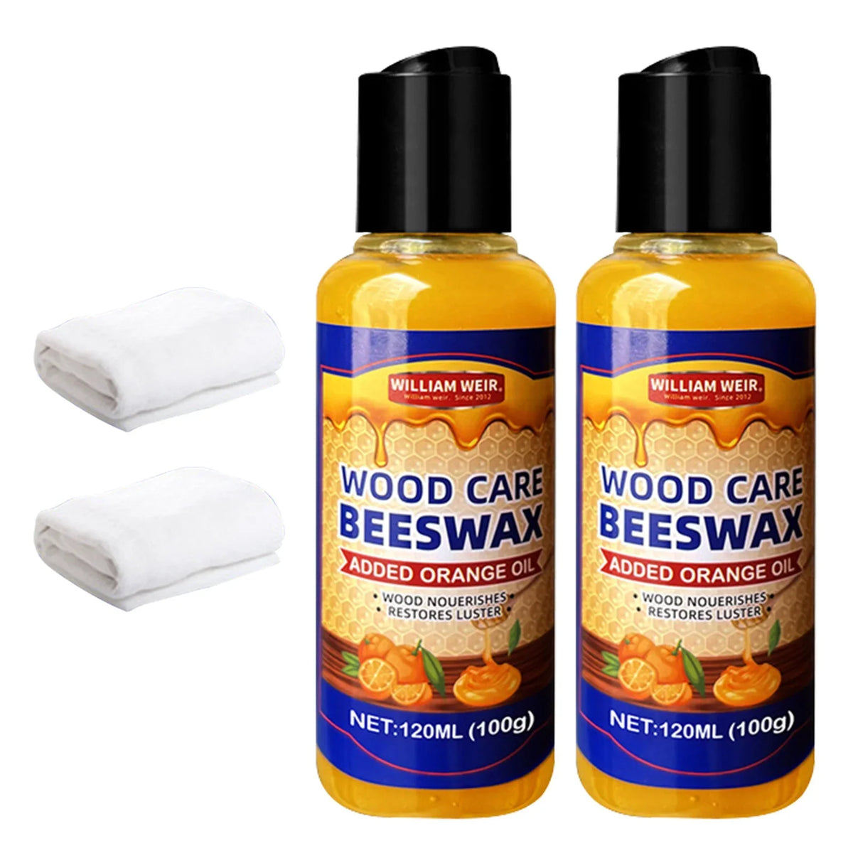 Two identical bottles on white, each paired with its own folded white cloth on the left 15