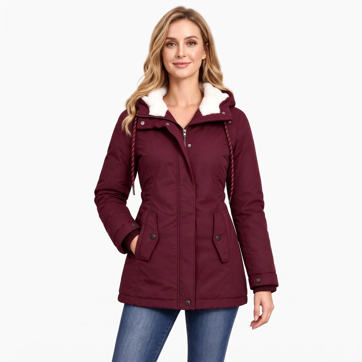Model wears the burgundy jacket with matching drawcords and ribbed cuffs, paired with blue jeans 15