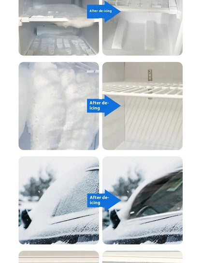 Three before and after pairs showing iced freezer interiors and a snowy car window cleared 15