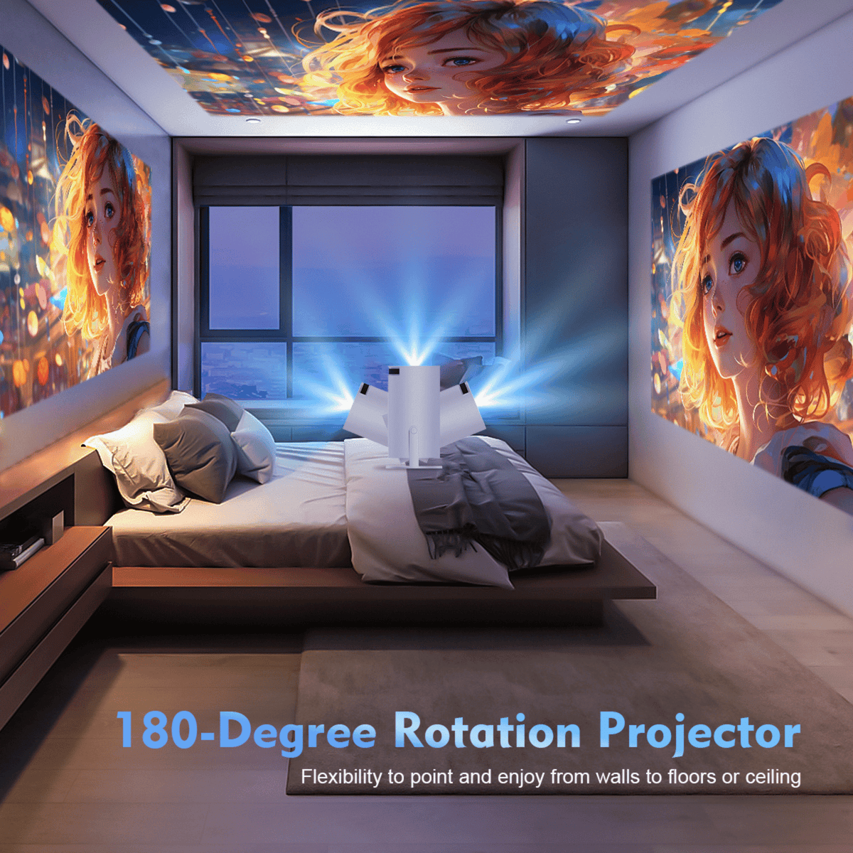 Bedroom with the projector on a bed throwing the same illustrated portrait onto walls and ceiling 7