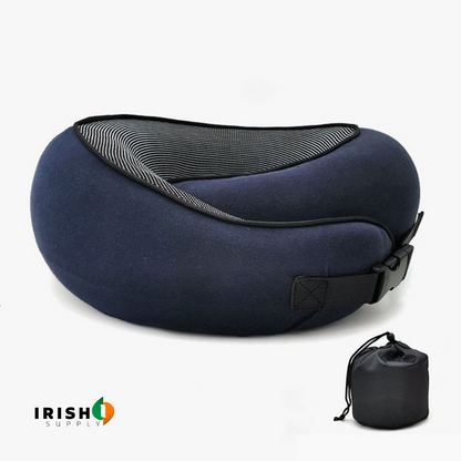Navy blue version of the pillow with black buckle strap and striped mesh lining, next to its black drawstring pouch. 12