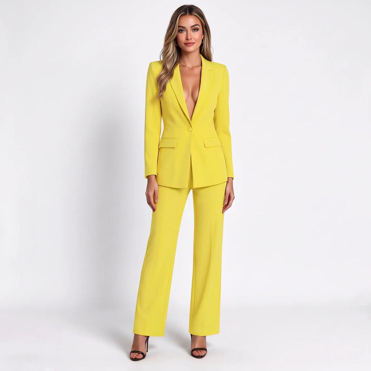 Bright yellow suit on a blonde model in strappy heels, full-length front view with flap pockets 15