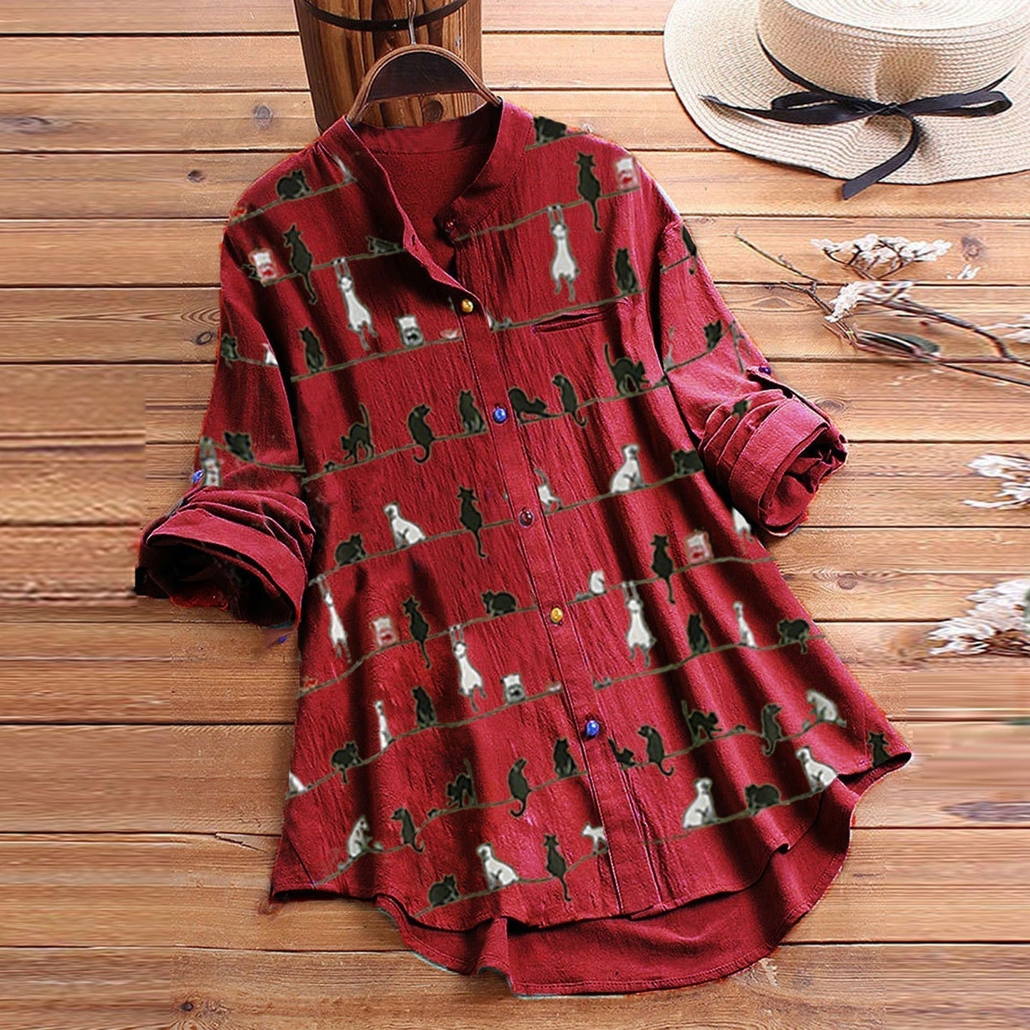 Autumnal women's blouse with cat motif & button placket – Kaja