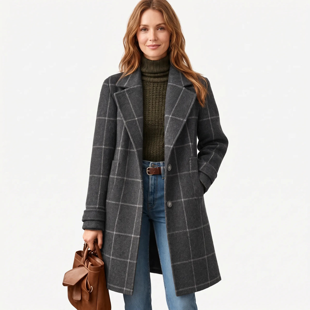 Model with long auburn hair wears the charcoal checked coat open, holding a brown leather bag, on white 15