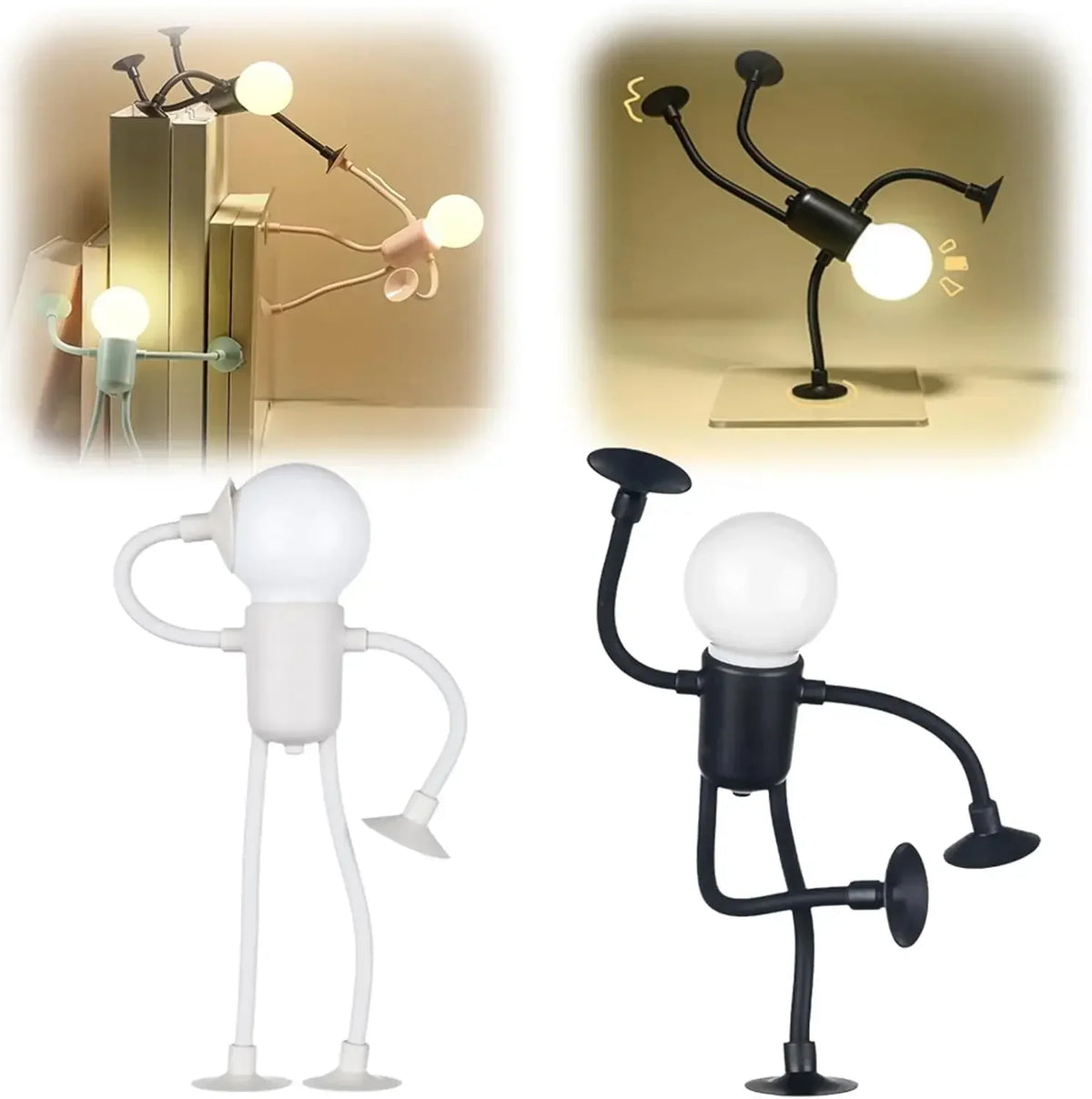 White and black figure lights standing in different poses below two small scenes of lit figures on books 15