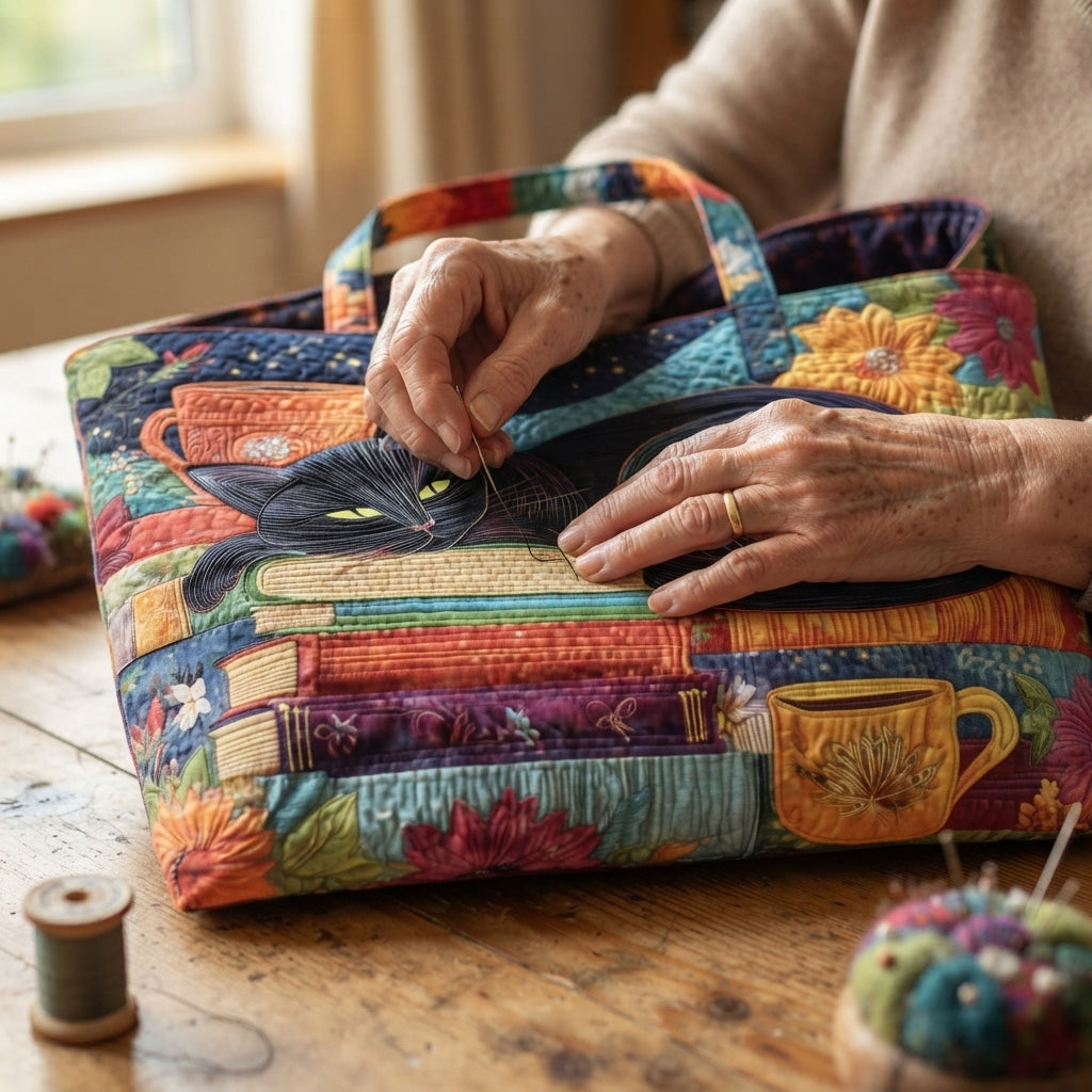 Close-up of an older woman's hands stitching the cat's face on the bag, with a cotton reel and pincushion nearby. 3