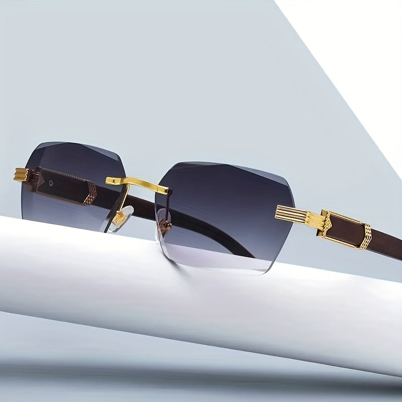 Rimless sunglasses with rectangular lenses and faux-wood temples – Verro
