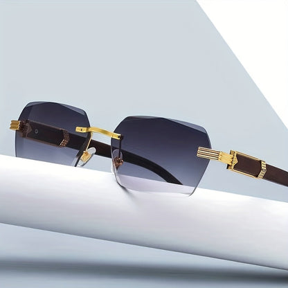 Rimless sunglasses with rectangular lenses and faux-wood temples – Verro