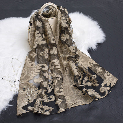 Autumnal ladies' silk scarf with floral pattern and cut-out design – Fiora (Buy one, get one free)