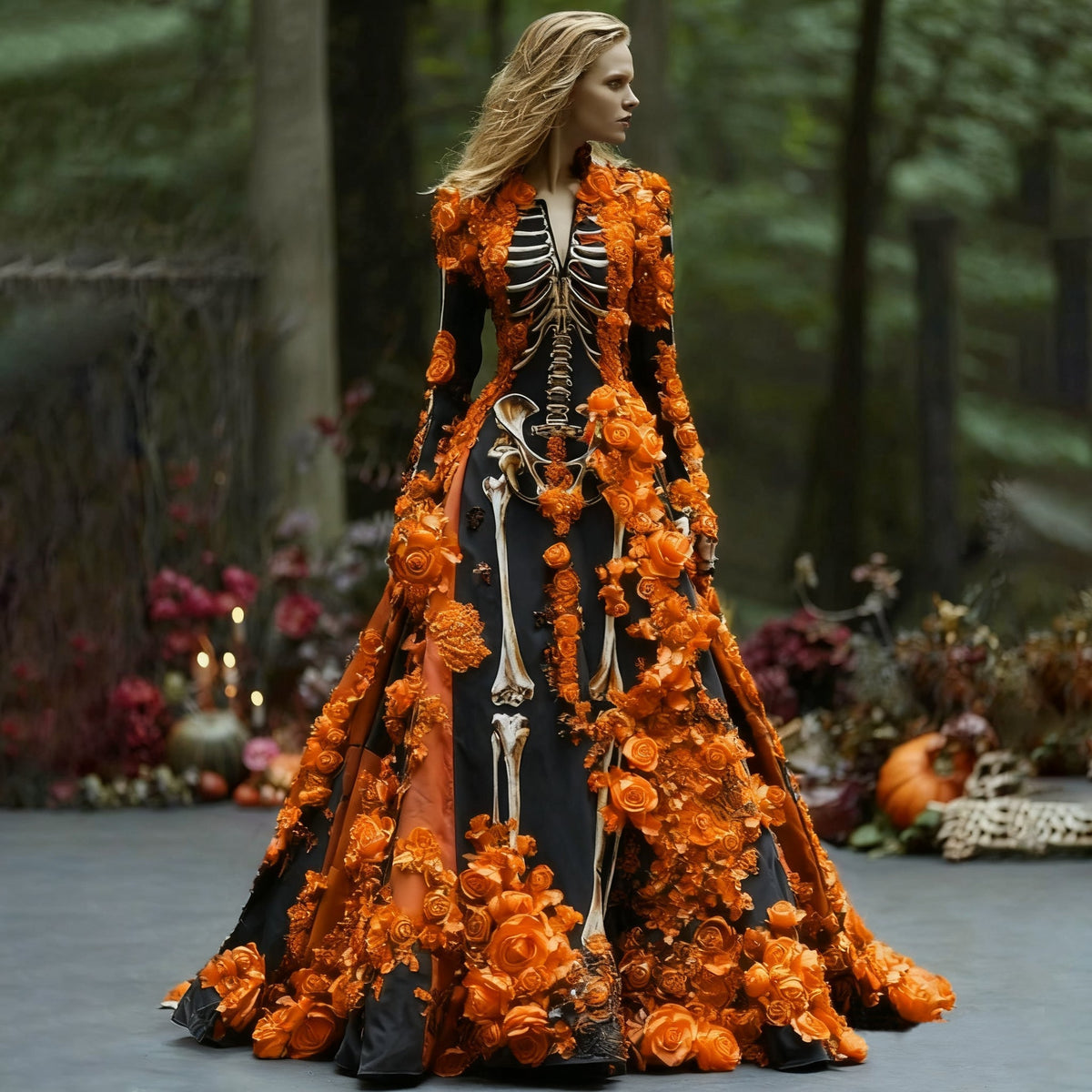 Model in the black skeleton-print maxi dress with orange three-dimensional roses, standing in a woodland setting with pumpkins and candles. 1