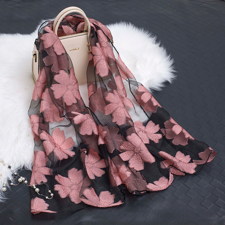 Autumnal ladies' silk scarf with floral pattern and cut-out design – Fiora (Buy one, get one free)
