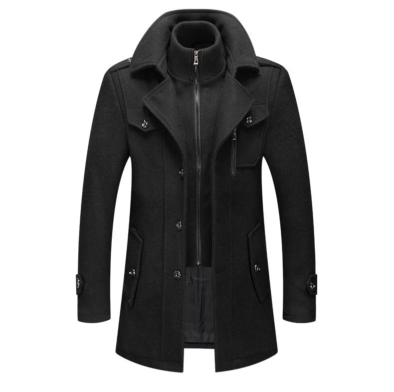 Black overcoat shown from the front, with the zipped ribbed inner collar and button fastenings 16