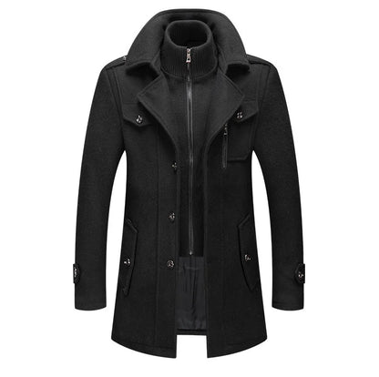 Black overcoat shown from the front, with the zipped ribbed inner collar and button fastenings 16
