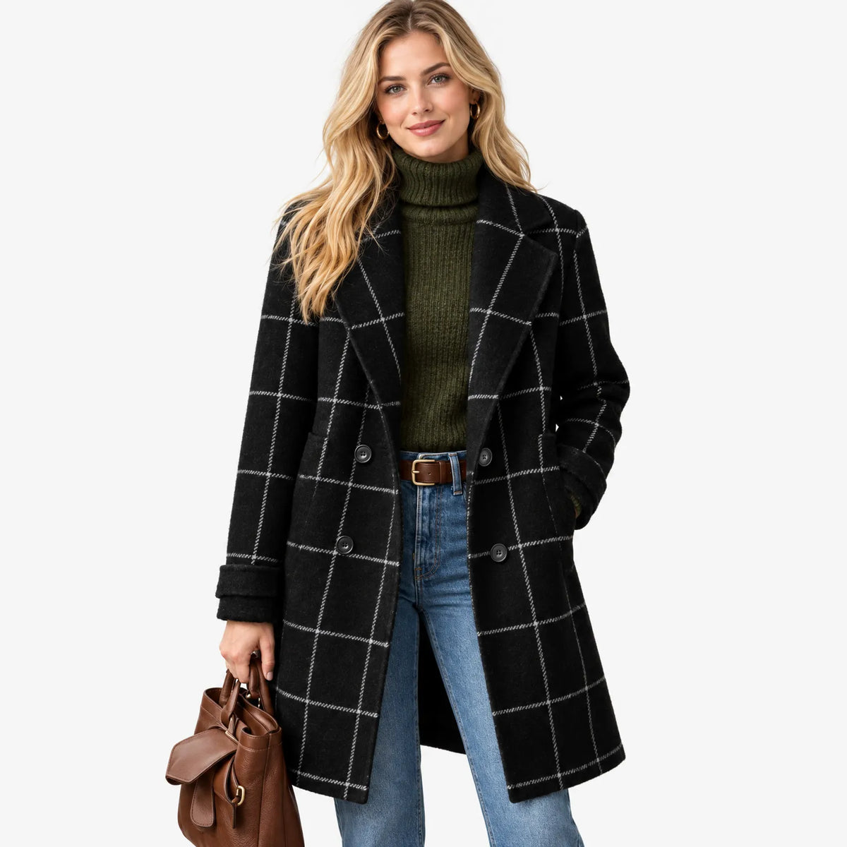 Model on a white background wears the black coat fastened with a double-breasted row of dark buttons 16