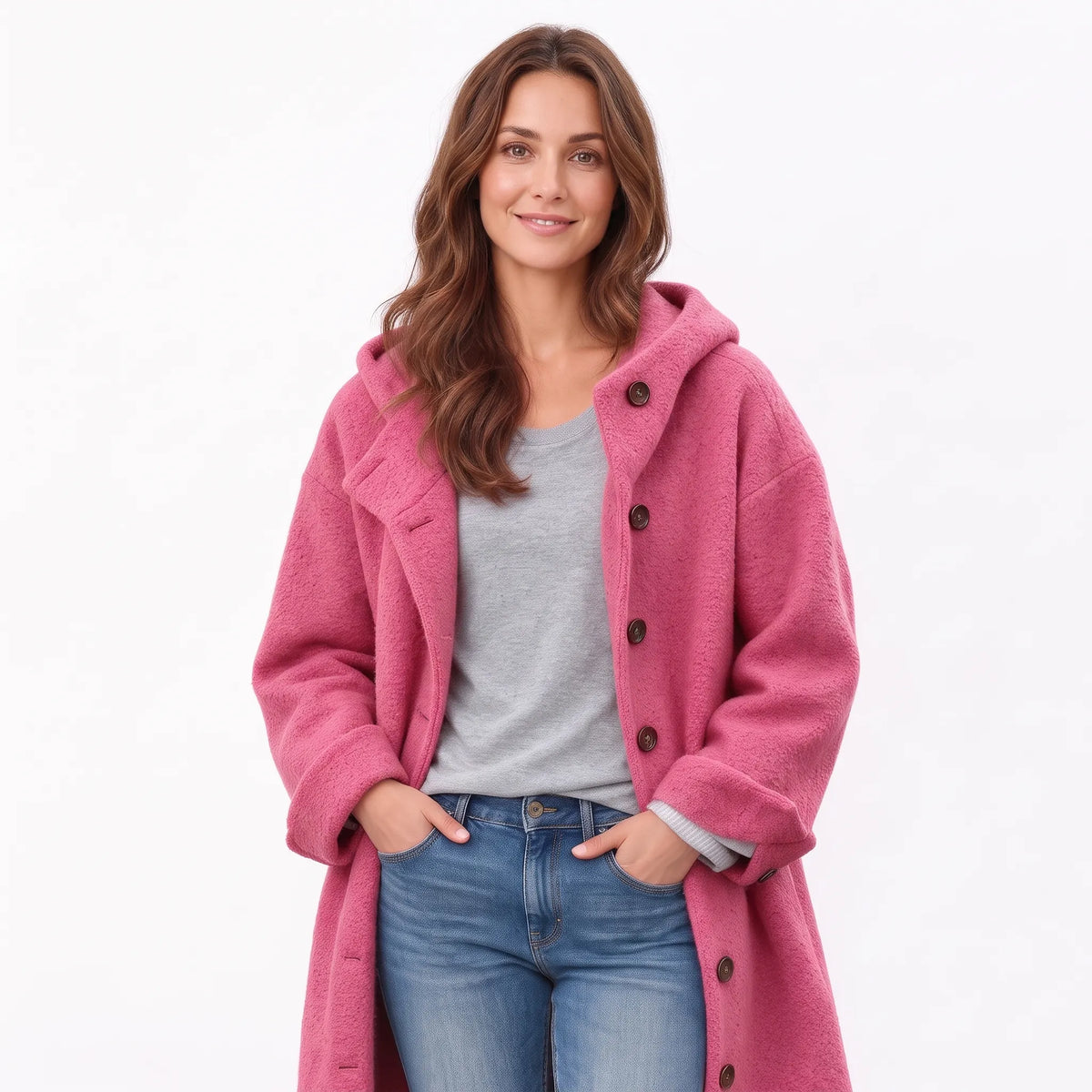Studio view of a model in the pink hooded coat with brown buttons, hands in jeans pockets 16