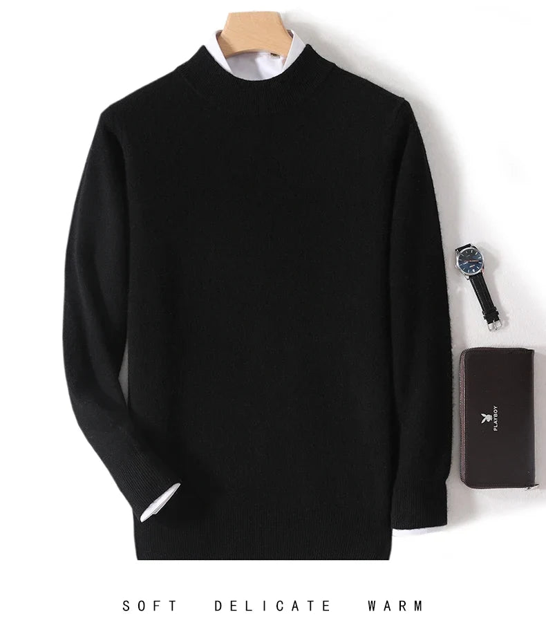 Black mock neck jumper hung with a white shirt collar showing, plus watch and brown wallet 16