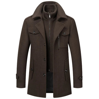 Dark brown coat from the front, with the ribbed inner collar zipped and buttoned flap pockets 16