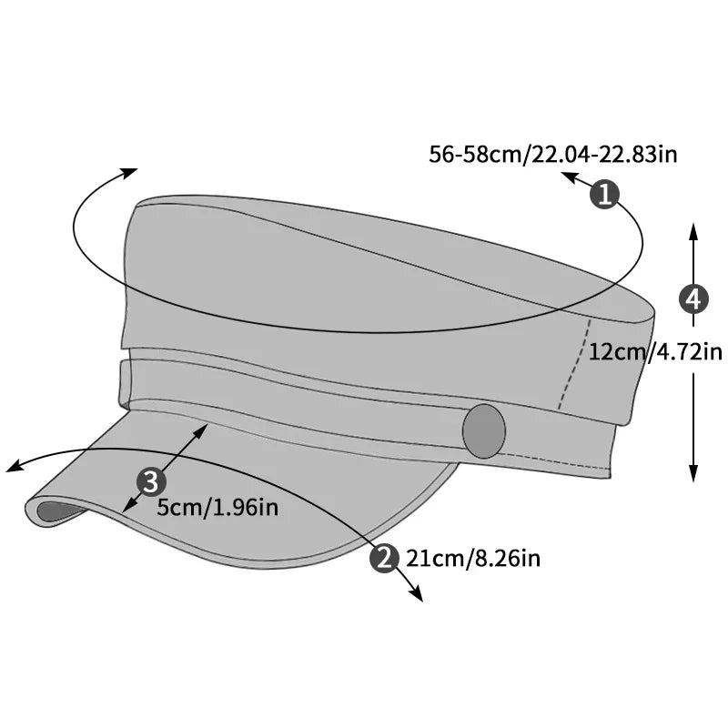 Line drawing of the hat with measurement arrows for head circumference, peak width, peak depth and height 16