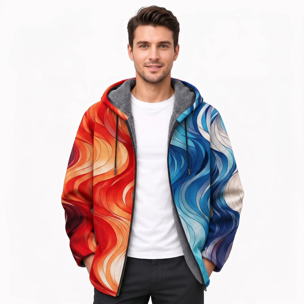 Model wearing the open jacket with flowing red-orange waves on one side and blue waves on the other 16