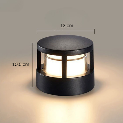 Round flat-top light with dimension lines marking its width and height, glowing on a neutral background. 14