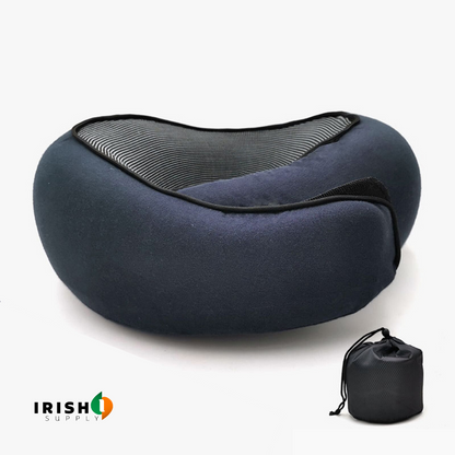 Navy blue pillow shown without a visible strap, striped mesh lining on top, next to its black drawstring pouch. 13