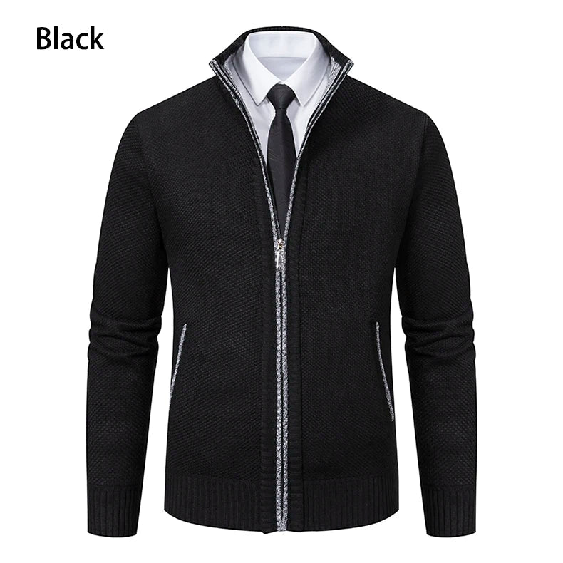 Front view of the black zip cardigan with grey contrast trim on the zip and pockets 16