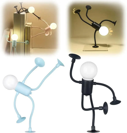 Blue figure light mid cartwheel beside a black one standing on one leg, with small scenes above 16