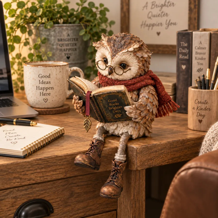 Seated owl figurine on the corner of a wooden desk, with a notebook, pen, coffee mug and pen pot nearby. 2