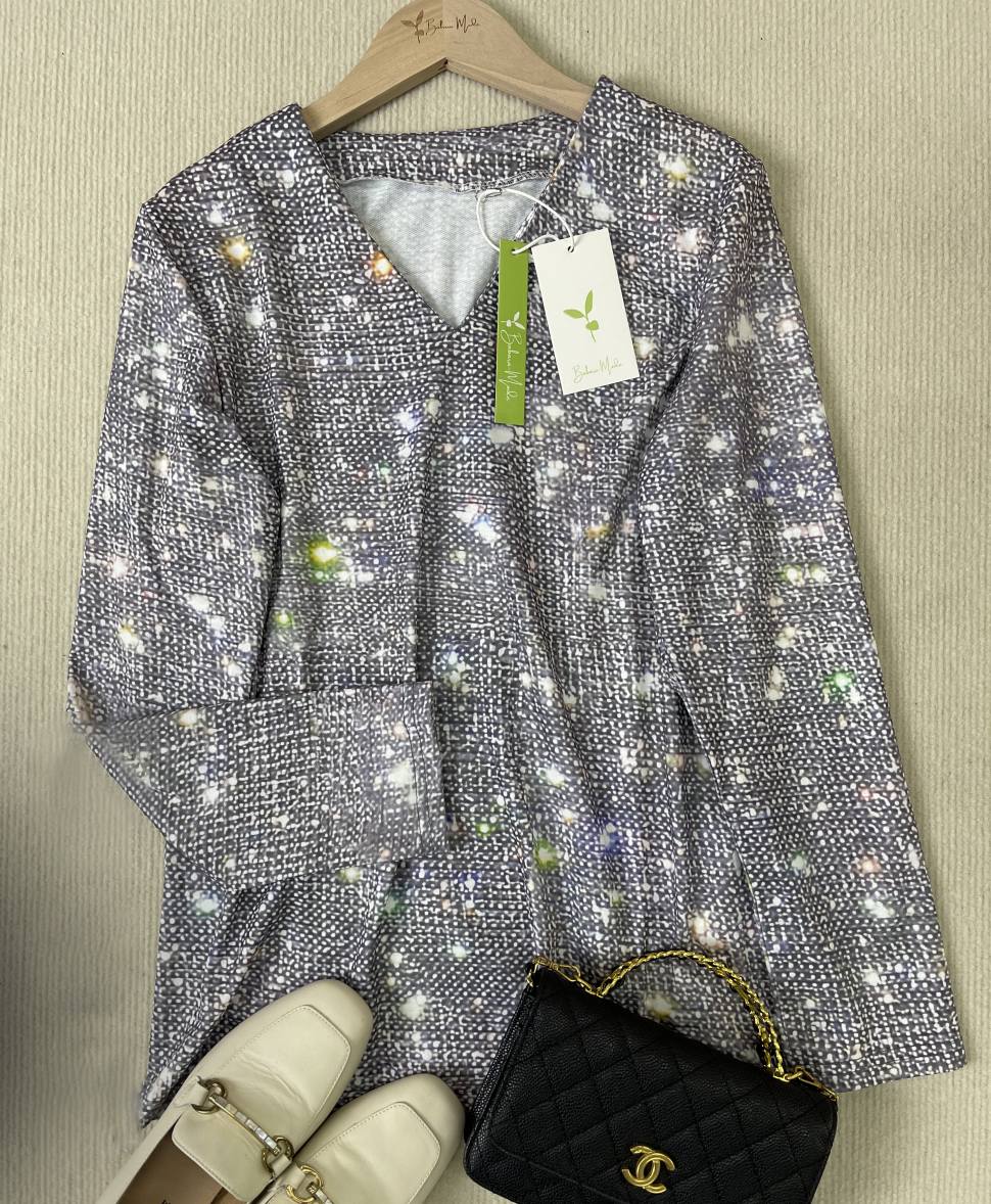 Shimmering Silver Disco Glitter V-Neck Long Sleeve - GlamFrost