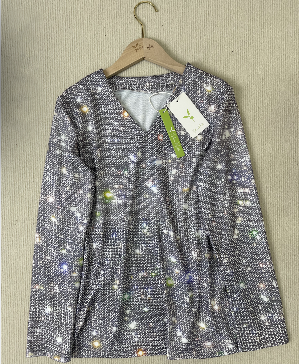 Shimmering Silver Disco Glitter V-Neck Long Sleeve - GlamFrost