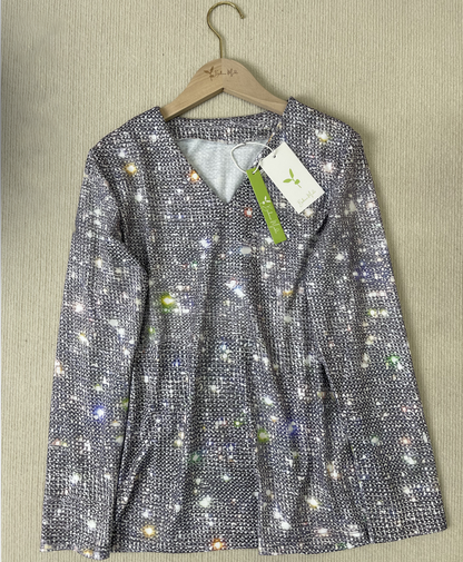Shimmering Silver Disco Glitter V-Neck Long Sleeve - GlamFrost