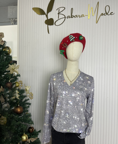 Shimmering Silver Disco Glitter V-Neck Long Sleeve - GlamFrost