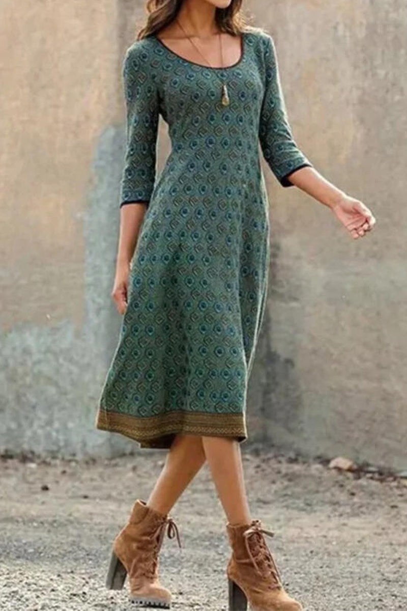 Autumnal & Stylish Printed Midi Dress with Half Sleeves – Livia