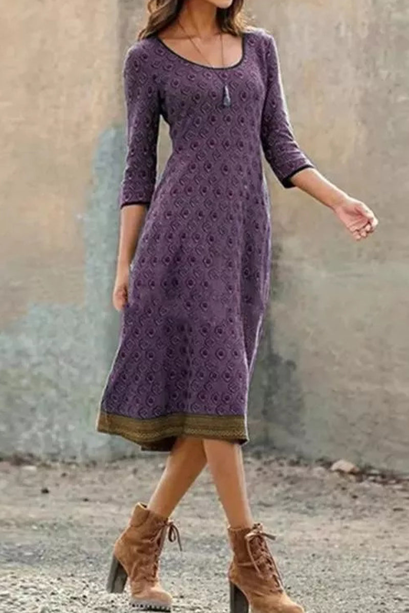 Autumnal & Stylish Printed Midi Dress with Half Sleeves – Livia