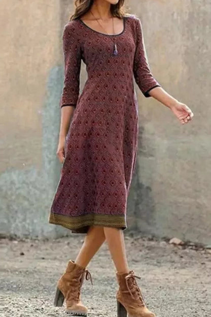 Autumnal & Stylish Printed Midi Dress with Half Sleeves – Livia
