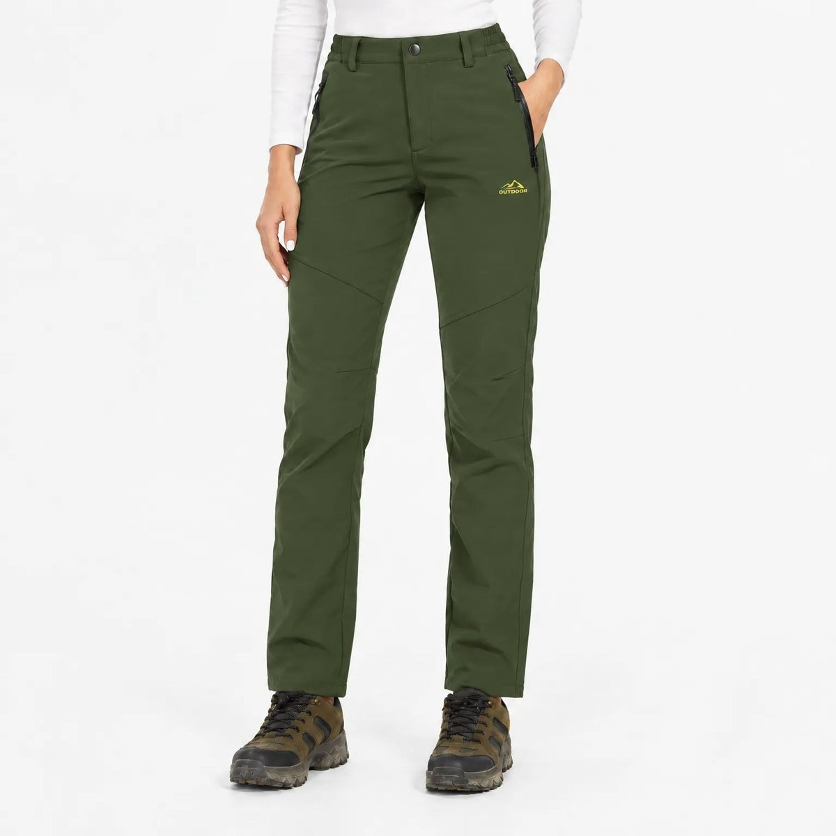 Dark olive green trousers worn with hiking boots, front view with zipped pockets 7