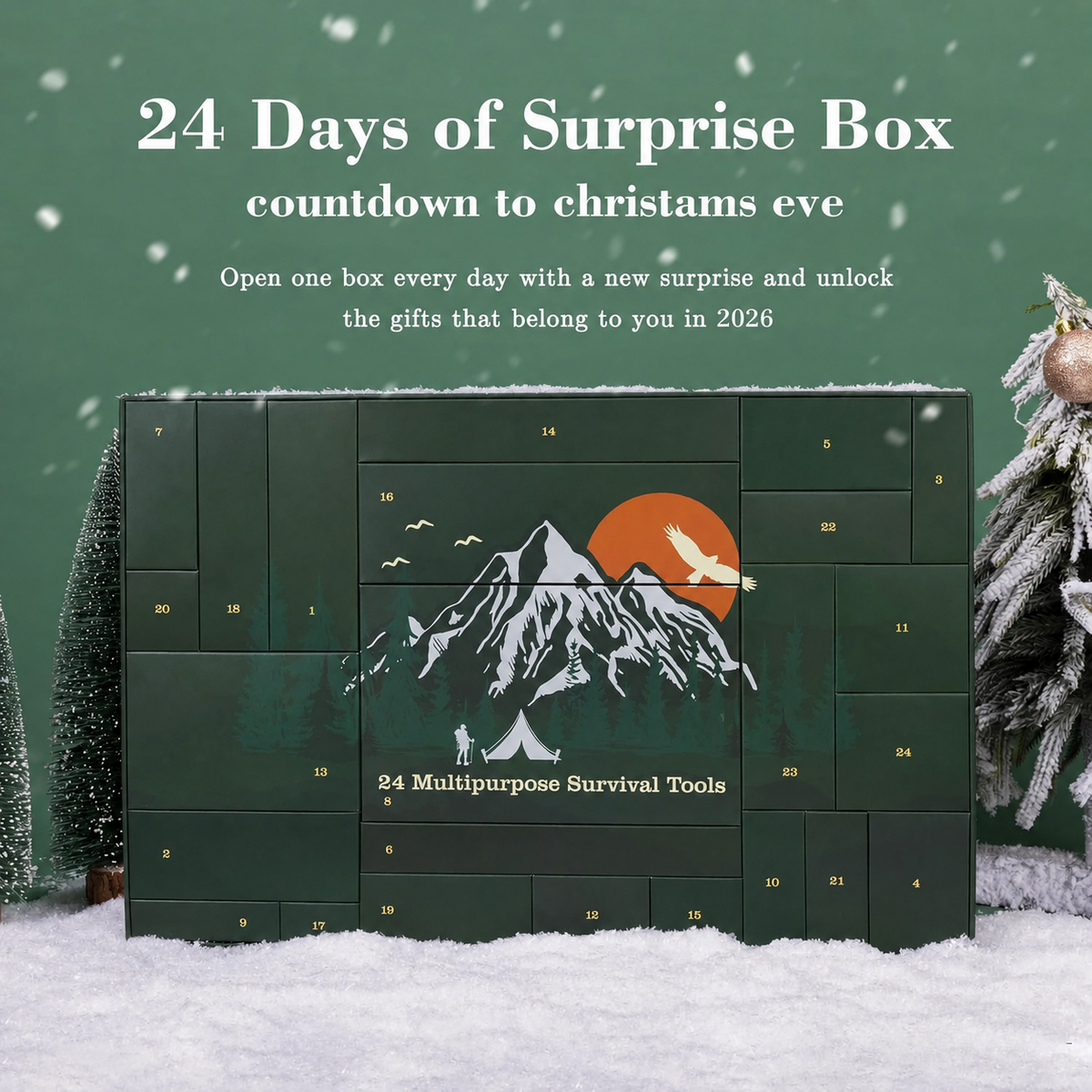 Closed dark green advent calendar with numbered doors and mountain artwork, standing in snow beside frosted trees 5