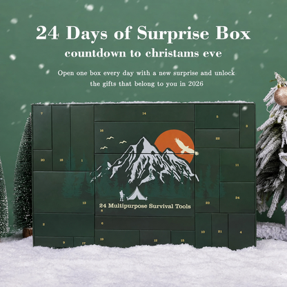 Closed dark green advent calendar with numbered doors and mountain artwork, standing in snow beside frosted trees 5