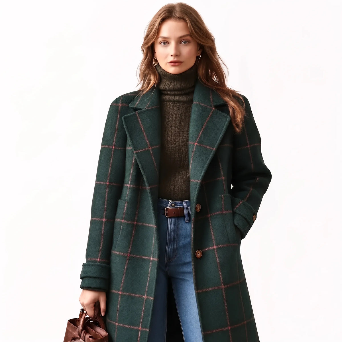 Model on a white background wears the dark green coat with pink check lines, button cuffs and jeans 17