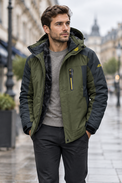 Man in an olive and charcoal hooded jacket over a grey jumper on a rainy city street 1