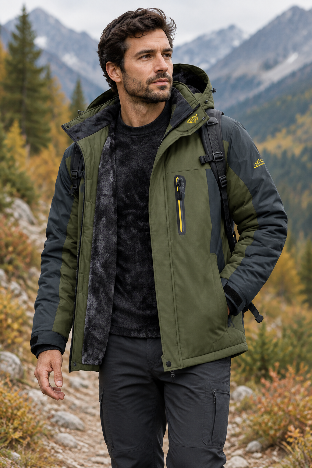 Man wearing the olive and grey hooded jacket open over a black top on a mountain trail 1